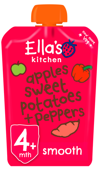 Ellas kitchen apples sweetpotatoes peppers pouch front of pack O