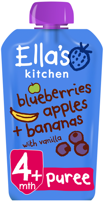 Ellas kitchen blueberries apples bananas vanilla pouch front of pack O