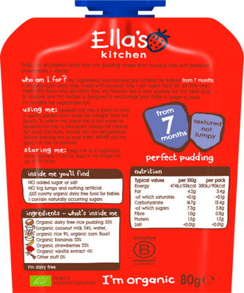 Ellas kitchen dairy free coconut milk rice pudding bananas strawberries pouch 7 months back of pack O