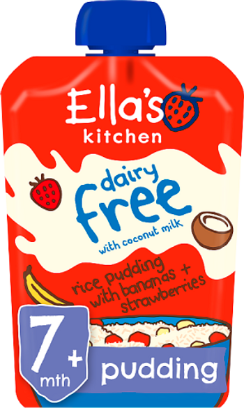 Ellas kitchen dairy free coconut milk rice pudding bananas strawberries pouch 7 months front of pack O