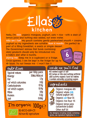 Ellas kitchen mango baby brekkie pouch 6 months back of pack O