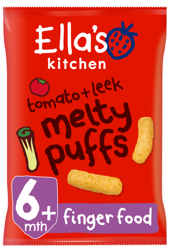 Ellas kitchen melty puffs tomato leek bag front of pack O