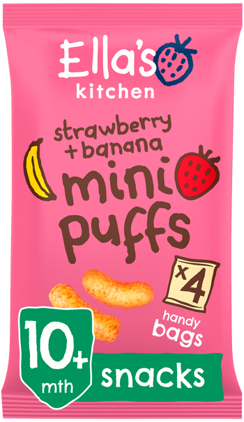 Ellas kitchen mini puffs strawberry banana bag front of pack O