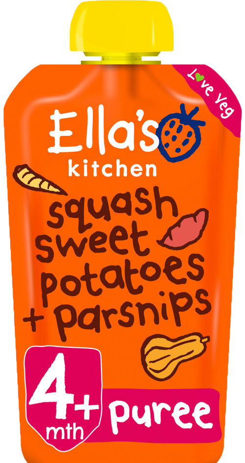 Ellas kitchen squash sweetpotatoes parnsips pouch front of pack O
