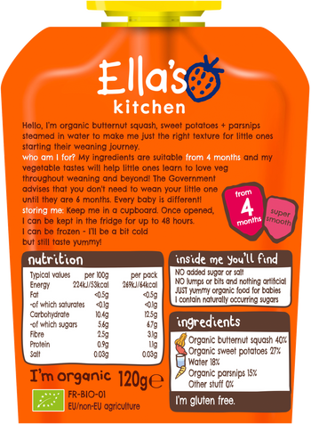 Ellas kitchen squash sweetpotatoes parsnips pouch back of pack O