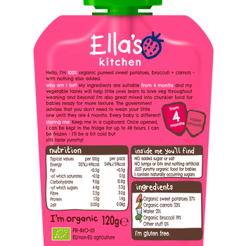 Ellas kitchen sweetpotatoes broccoli carrots pouch back of pack O