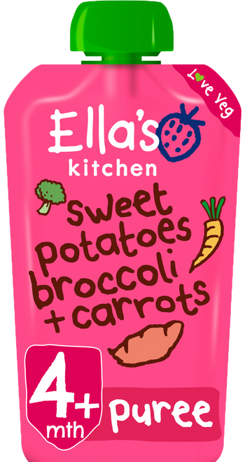 Ellas kitchen sweetpotatoes broccoli carrots pouch front of pack O