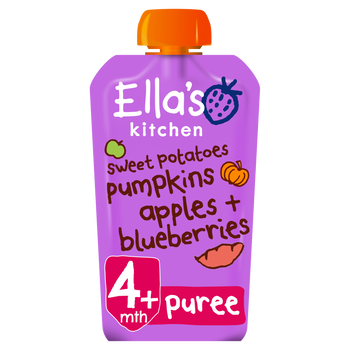 Ellas kitchen sweetpotatoes pumpkins apples blueberries pouch front of pack O