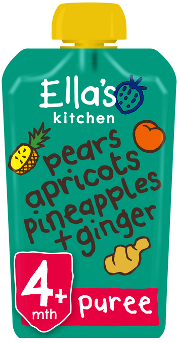 Ellas kitchen pears apricot pinapples ginger pouch Front of pack O