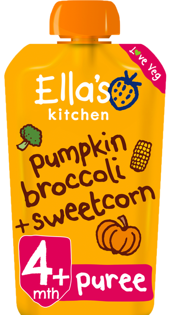 Ellas kitchen pumpkin broccoli sweetcorn pouch front of pack O