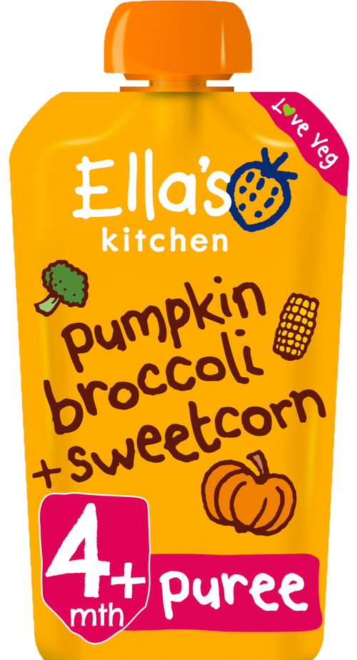 Ellas kitchen pumpkin broccoli sweetcorn pouch front of pack O