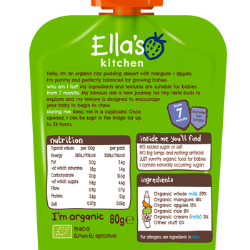 Ellas kitchen rice pudding mangoes apples pouch 7 months back of pack O