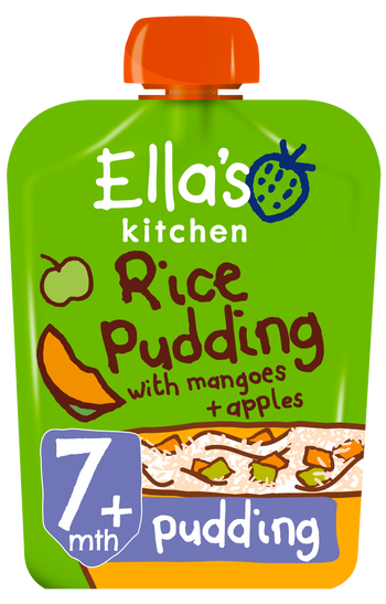 Ellas kitchen rice pudding mangoes apples pouch 7 months front of pack O