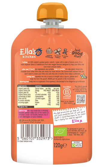 Ellas kitchen carrot peas pear baby puree back of pouch