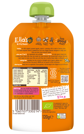 Ellas kitchen apple carrot parsnip baby puree back of pouch