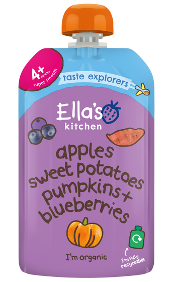 Ellas kitchen apple sweet potato pumpkin blueberry baby puree front of pouch