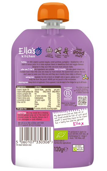 Ellas kitchen apple sweet potato pumpkin blueberries baby puree back of pouch