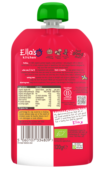 Ellas kitchen apple sweet potato pepper baby puree back of pouch
