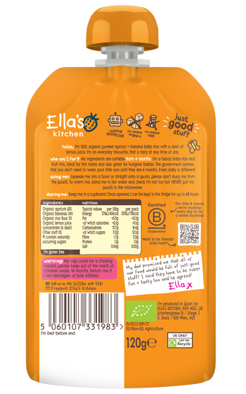 Ellas kitchen apricot banana baby rice back of pouch