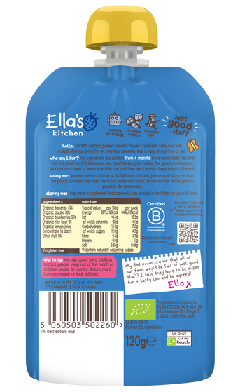 Ellas kitchen banana apple blueberry baby rice back of pouch