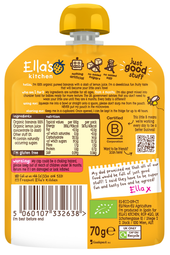 Ellas kitchen banana baby puree back of pouch