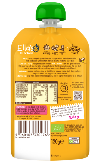Ellas kitchen bananas apples baby puree back of pouch