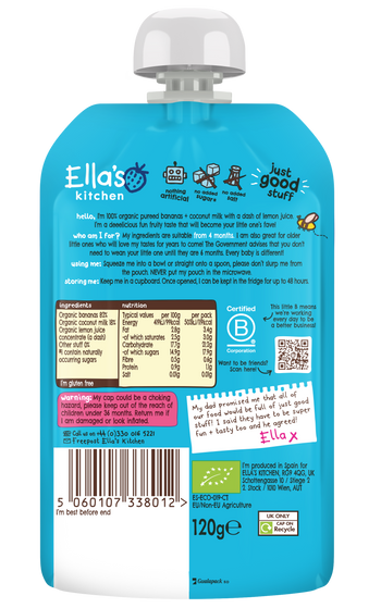 Ellas kitchen bananas coconuts baby puree back of pouch