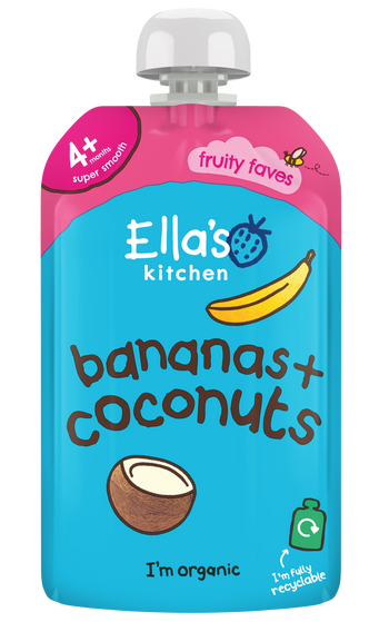 Ellas kitchen bananas coconuts baby puree front of pouch