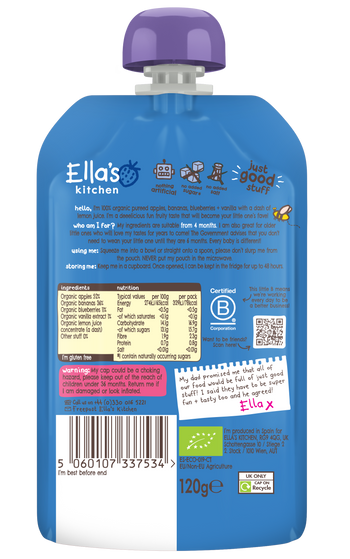 Ellas kitchen blueberry apple banana baby puree back of pouch
