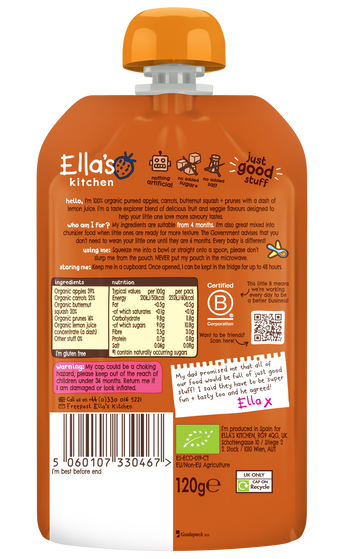 Ellas kitchen butternut sqush carrots apples prunes baby puree back of pouch