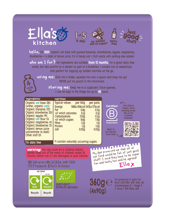 Ellas kitchen dairy free berry oat smoothie snack toddler multipack back of pack