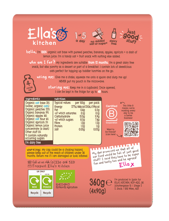 Ellas kitchen dairy free peach banana oat smoothie snack toddler multipack back of pack