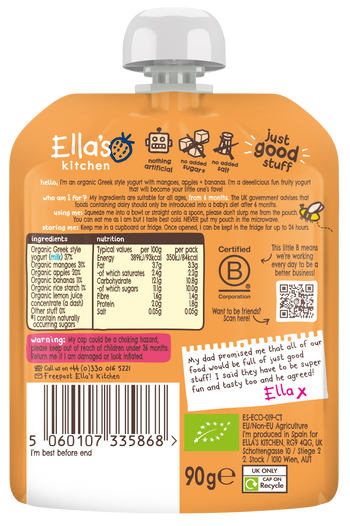 Ellas kitchen mango baby yogurt back of pouch