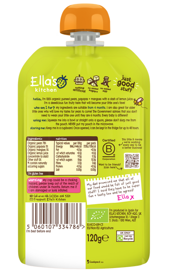 Ellas kitchen mango pear papaya baby puree back of pouch