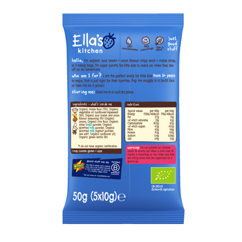 Ellas kitchen sour cream onion sticks kids snack back of pack