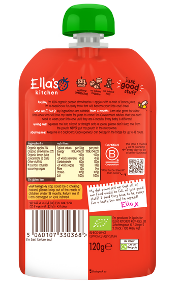 Ellas kitchen strawberries apple baby puree back of pouch