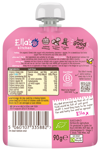 Ellas kitchen strawberry baby yogurt back of pouch