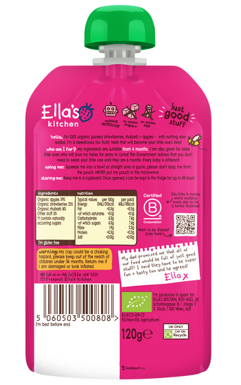 Ellas kitchen strawberry rhubarb apple baby puree back of pouch