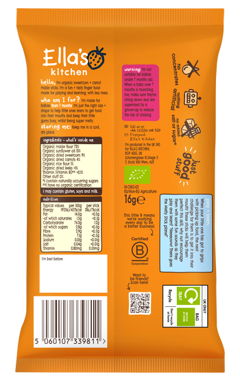 Ellas kitchen sweetcorn carrot melty sticks baby snack back of pack 2