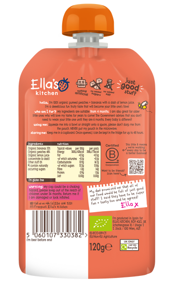 Ellas kitchen peach banana baby puree back of pouch