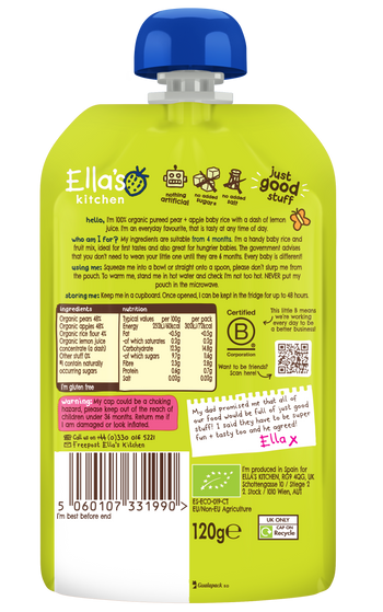 Ellas kitchen pear apple baby rice back of pouch