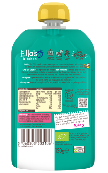 Ellas kitchen pear apricot pineapple ginger baby puree back of pouch