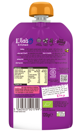Ellas kitchen pear nectarine guava baby puree back of pouch
