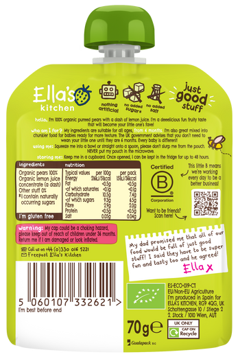 Ellas kitchen pears baby puree back of pouch