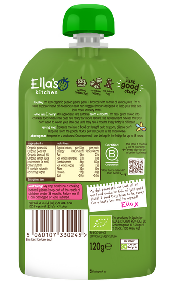 Ellas kitchen pears peass broccoli baby puree back of pouch