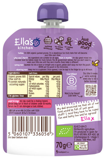 Ellas kitchen prunes baby puree back of pouch