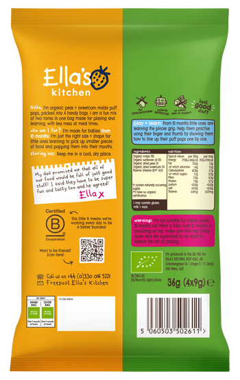 Ellas kitchen puff pops sweetcorn peas back of pack