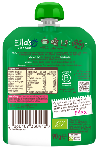 Ellas kitchen the green one baby fruit smoothie back of pouch