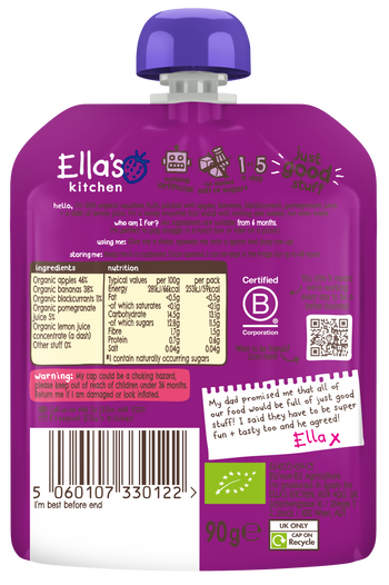 Ellas kitchen the purple one baby smoothie back of pouch