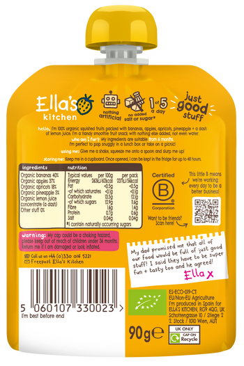 Ellas kitchen the yellow one baby smoothie back of pouch